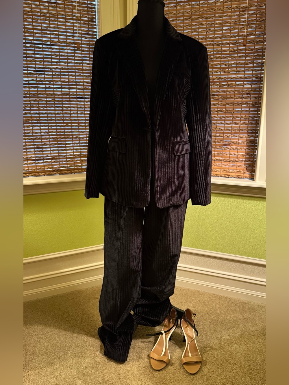 Velvet Pinstripe Suit Set in Deep Black